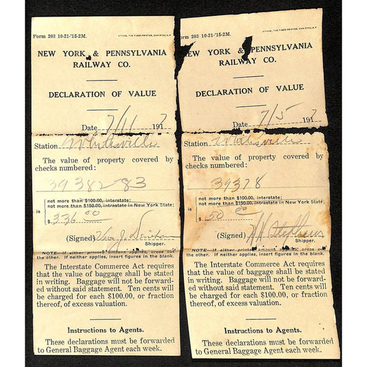 2 New York & Pennsylvania Railroad NYP 1917 Declaration of Value Forms w/ Damage