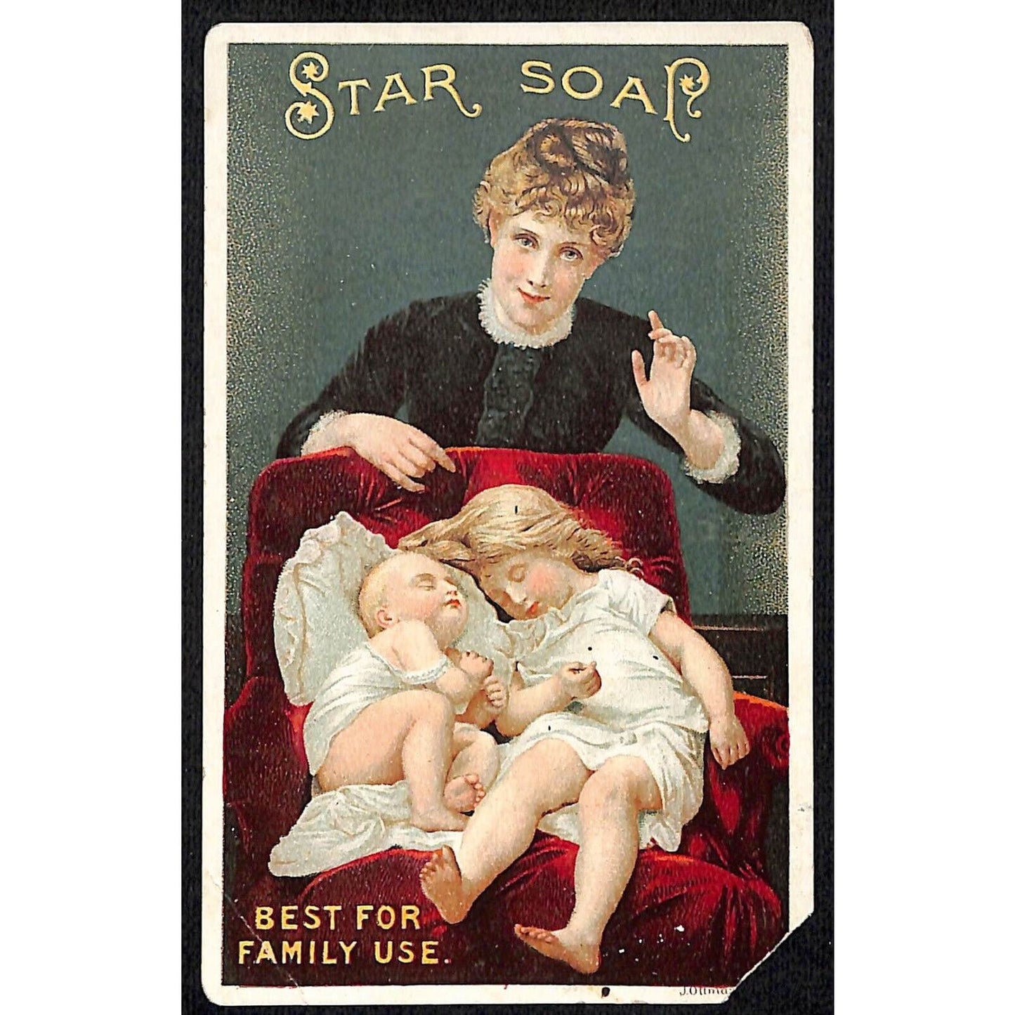 Star Soap Schultz & Co. NYC Victorian Trade Card Kids Sleeping on Chair