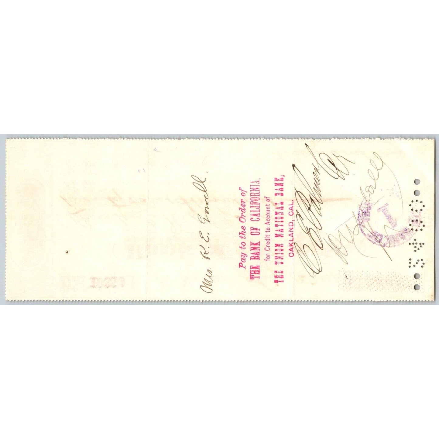 Bank of La Porte Check Mrs. K.E. Gowell 1882 Mining Vignette RN-G1 Rev Stamp