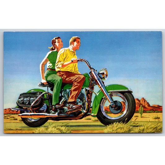 Harley Davidson Dealer Postcard 1954 Couple Riding on 74 OHV NP VGC Scarce