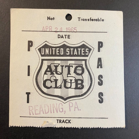 1965 Reading, PA USAC Pit Pass April 24 1965 VGC