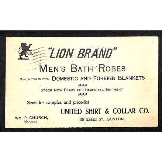 Boston Lion Brand Bath Robes United Shirt & Collar 1905 Adv Postcard Postal Card