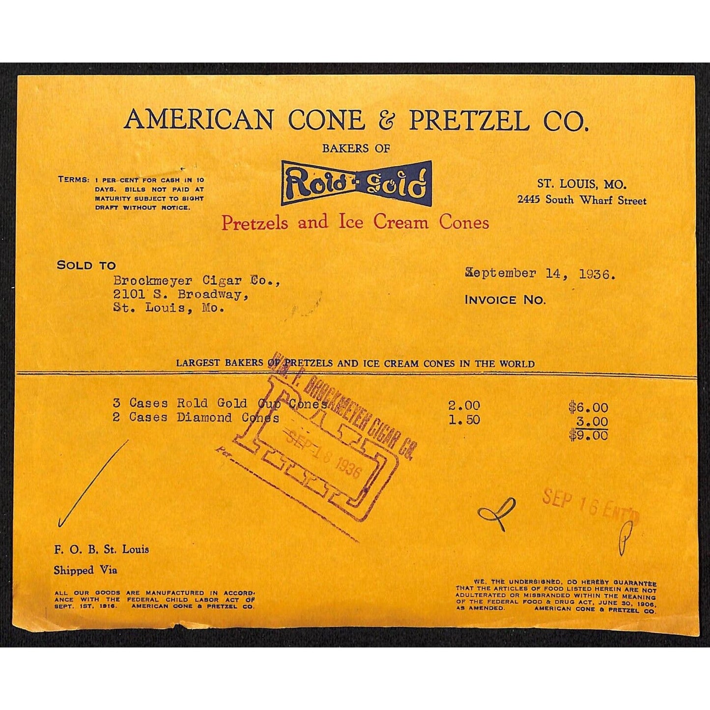 St. Louis, MO American Cone & Pretzel Rold Gold 9/14 1936 Billhead