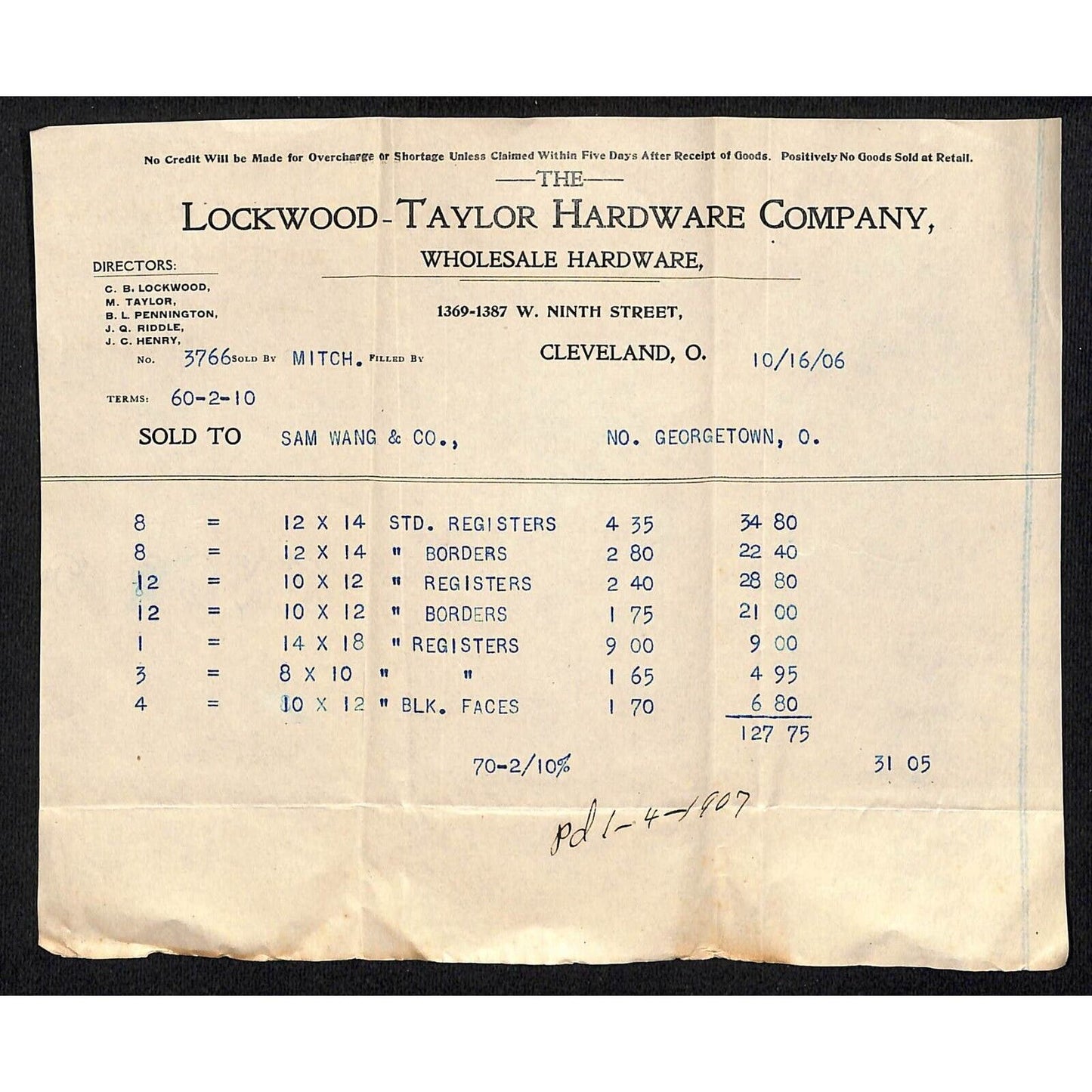 Lockwood-Taylor Hardware Cleveland 1906 Billhead Samuel Wang* N. Georgetown OH