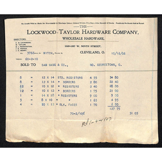 Lockwood-Taylor Hardware Cleveland 1906 Billhead Samuel Wang* N. Georgetown OH