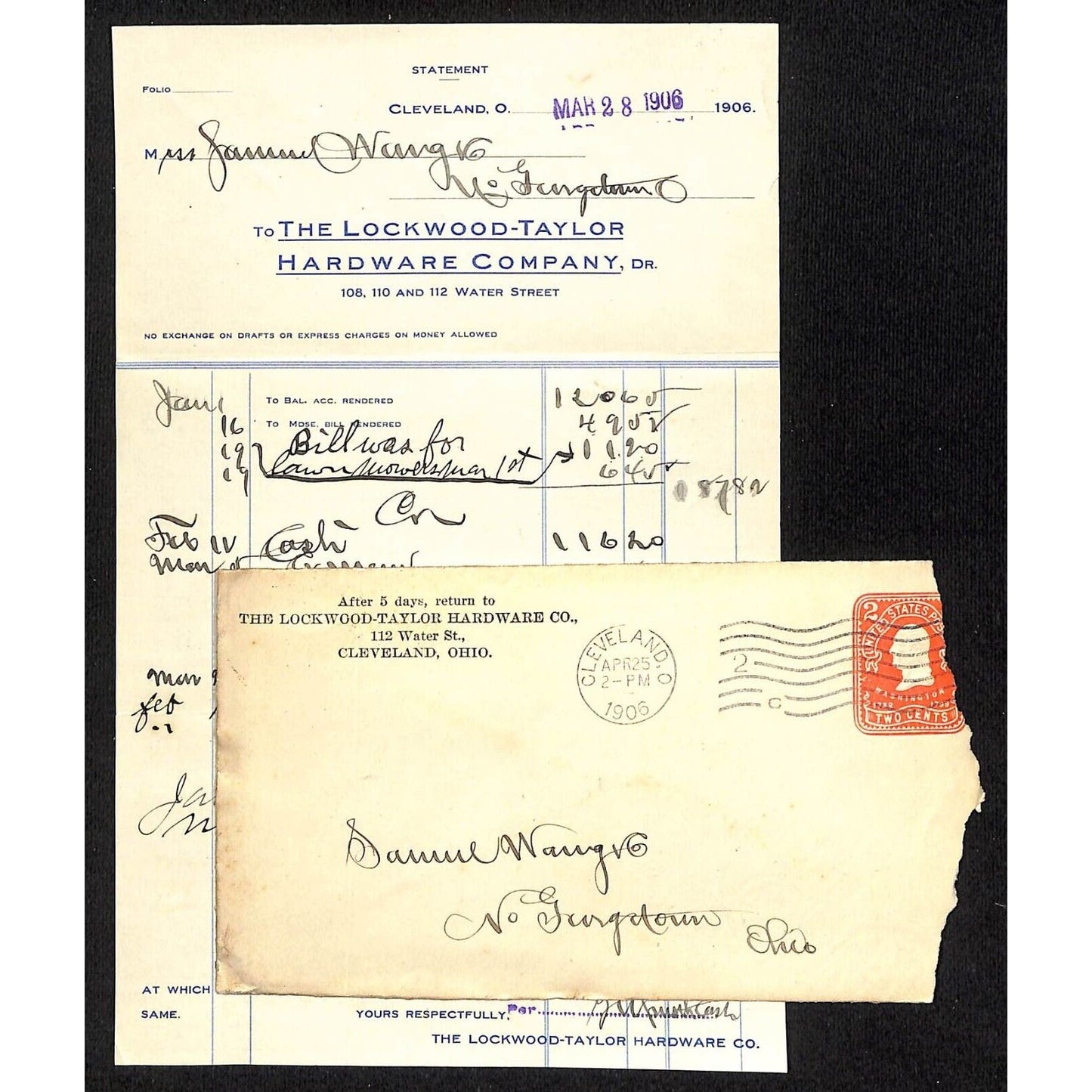 Lockwood-Taylor Hardware Co. Samuel Wang Co* N. Georgetown 1906 Billhead & Cover