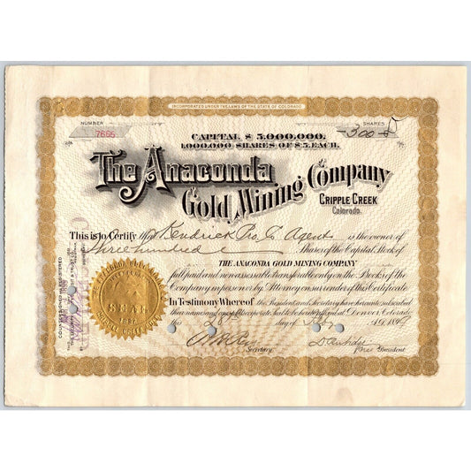 Anaconda Gold Mining Company 1899 Stock Certificate Cripple Creek District #7665