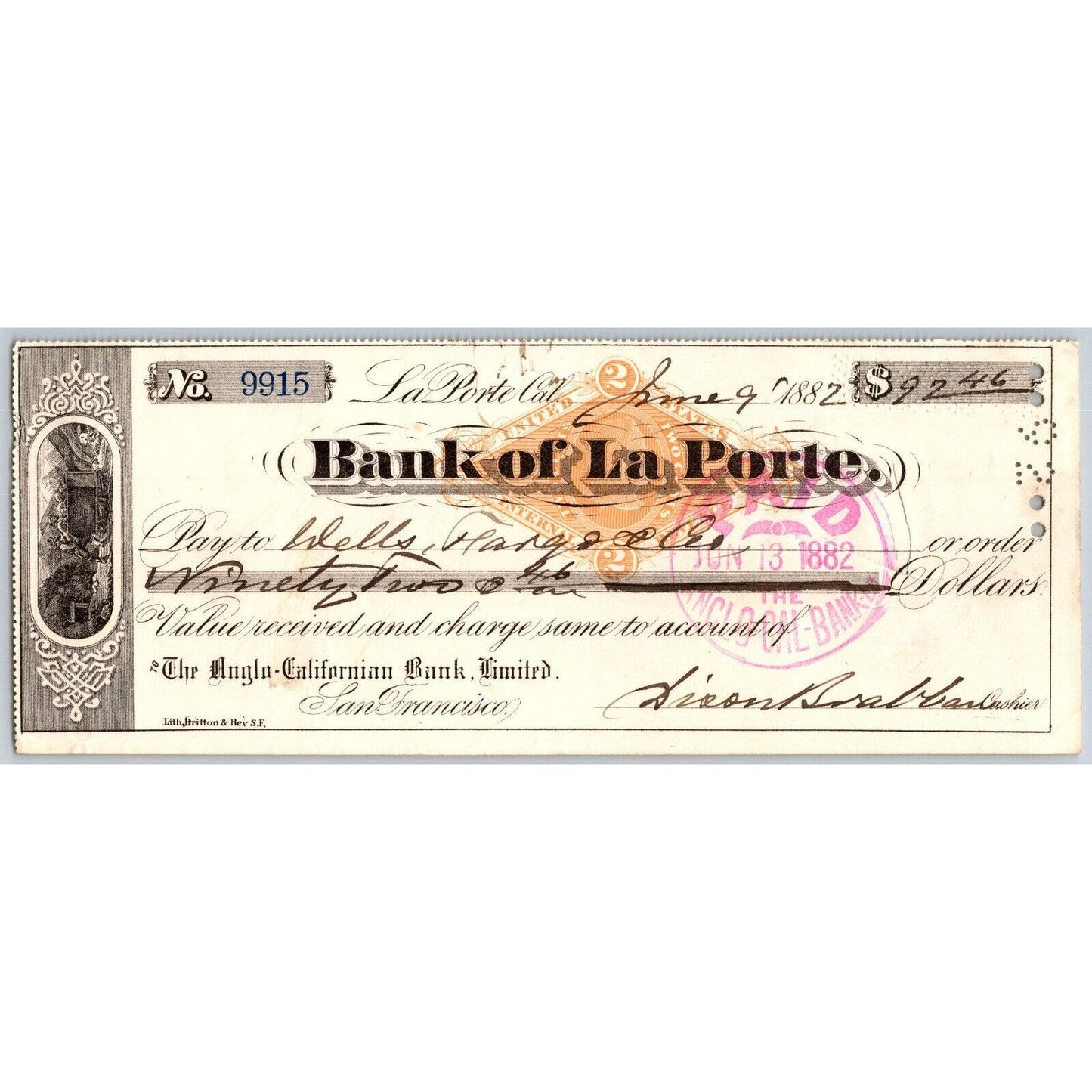 Bank of La Porte Check Wells Fargo 1882 Mining Vignette RN-G1 Rev Stamp #9915