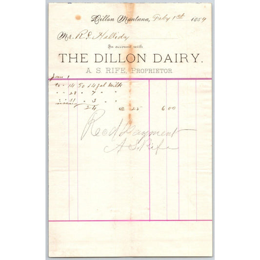 Dillon MT A.S. Rife Dillon Dairy 1889 Gallons Milk Billhead R.C. Halliday*