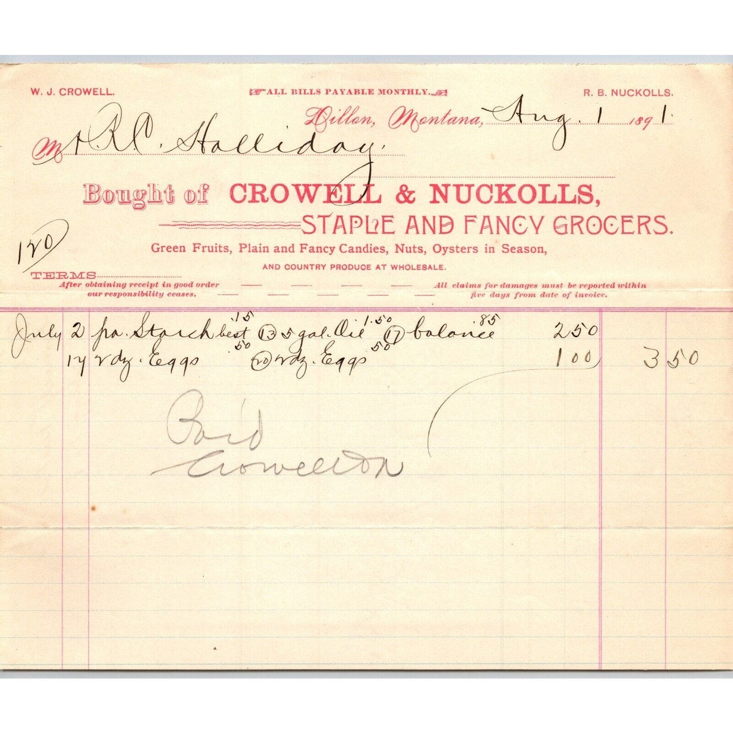 Dillon MT Crowell & Nuckolls Aug. 1891 Billhead Fancy Groceries R.C. Halliday*