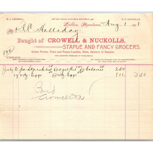 Dillon MT Crowell & Nuckolls Aug. 1891 Billhead Fancy Groceries R.C. Halliday*