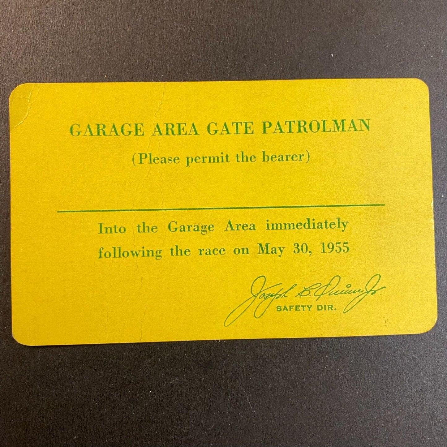 1955 After Race Garage Area Gate Patrolman Pass / ID Card - Scarce