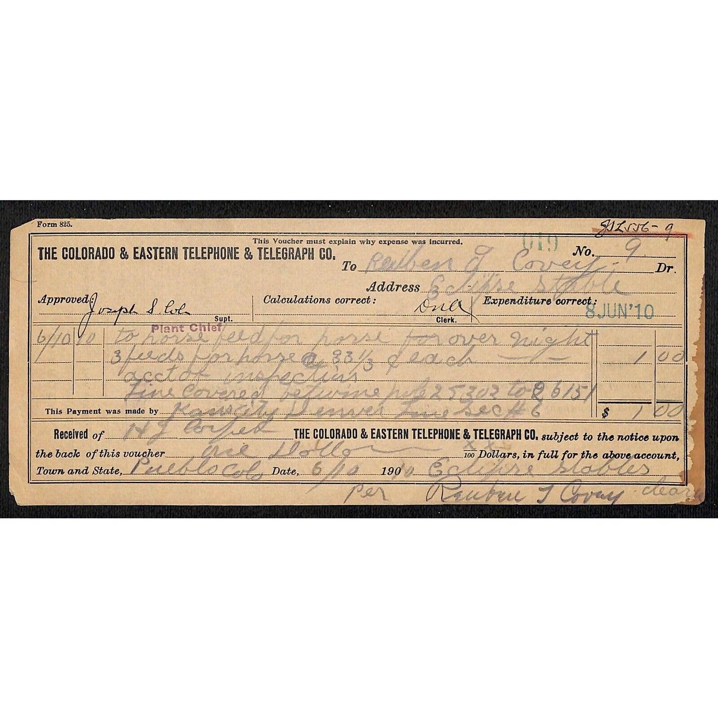 Colorado & Eastern Telephone & Telegraph Co 1910 Receipt for Horse Boarding