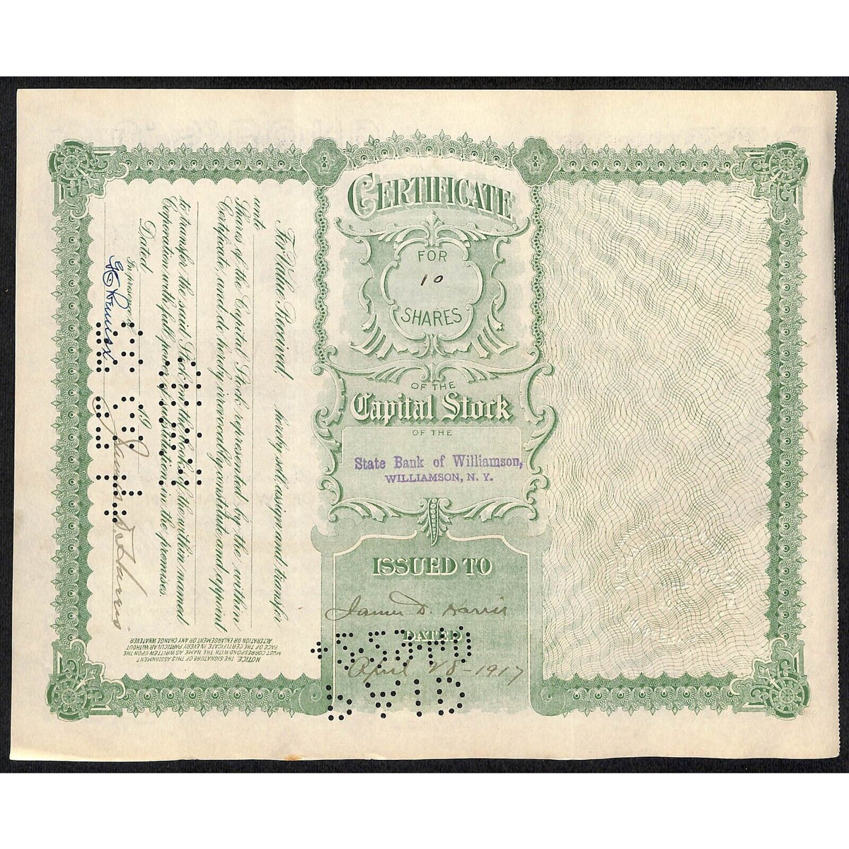 State Bank of Williamson NY 1917 Stock Certificate James D. Harris #120 Scarce