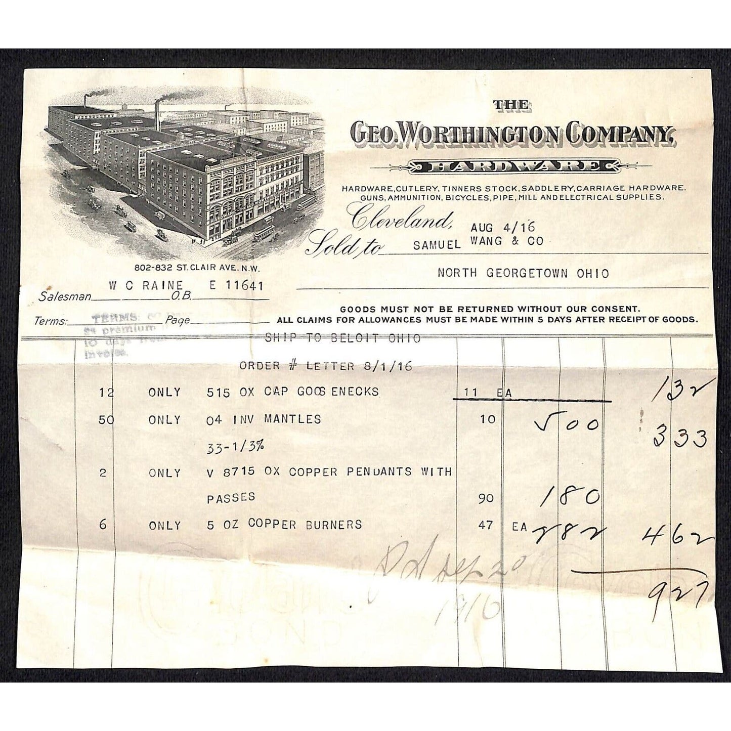 Geo. Worthington Co Samuel Wang Co* North Georgetown 1916 Billhead, Memo & Cover