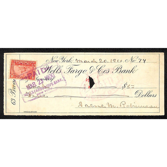 1900 Wells Fargo & Co Bank 63 Broadway NYC #74 Check w/ Rev Stamp Cash
