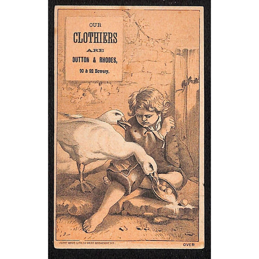 Dutton & Rhodes Clothiers Bowery, New York Victorian Trade Card Boy & Geese