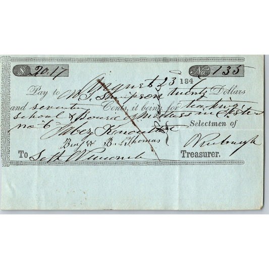 1847 Jabez Knowlton* Newburgh ME Town Check for Teaching School and Board
