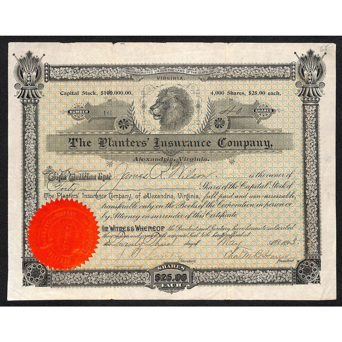 The Planters Insurance Co Alexandria VA 1893 Stock Certificate James R. Wilson