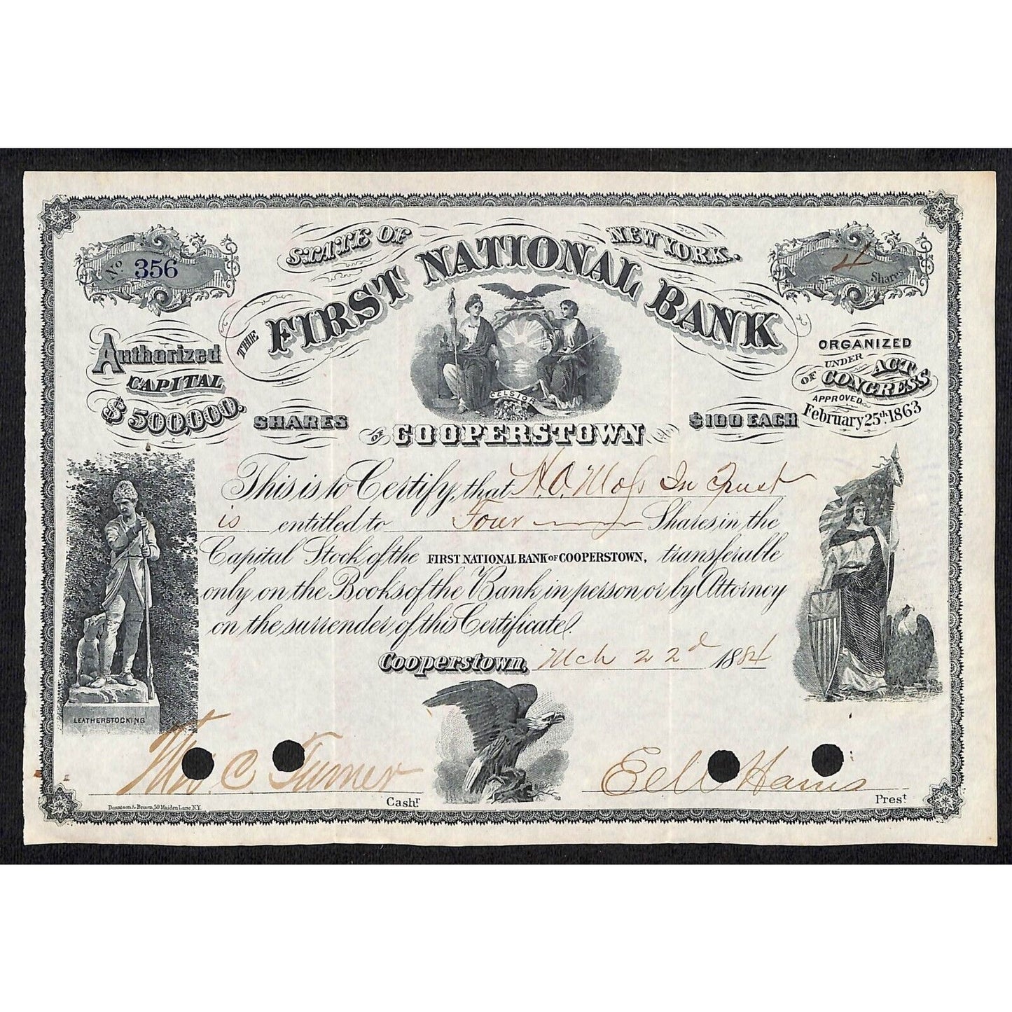 First National Bank of Cooperstown 1884 Stock Certificate to H.O. Wofs ?