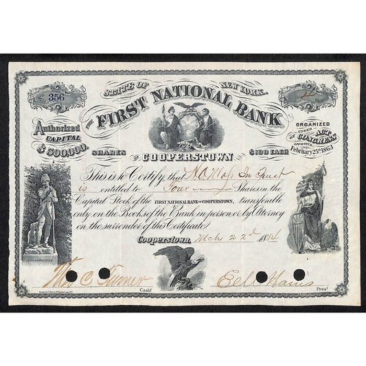 First National Bank of Cooperstown 1884 Stock Certificate to H.O. Wofs ?