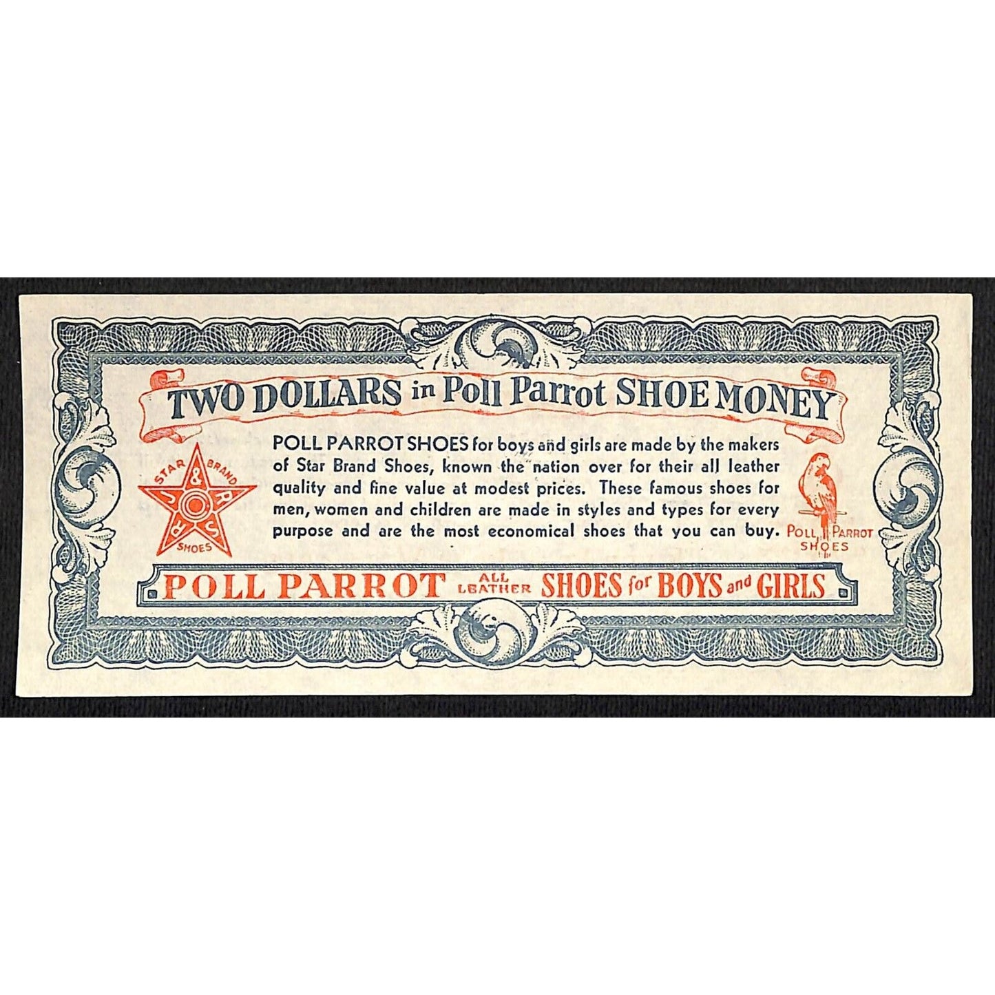 Poll Parrot Shoe Money Dealer $2 Off c1940's-50s Coupon Script 3pcs. VGC