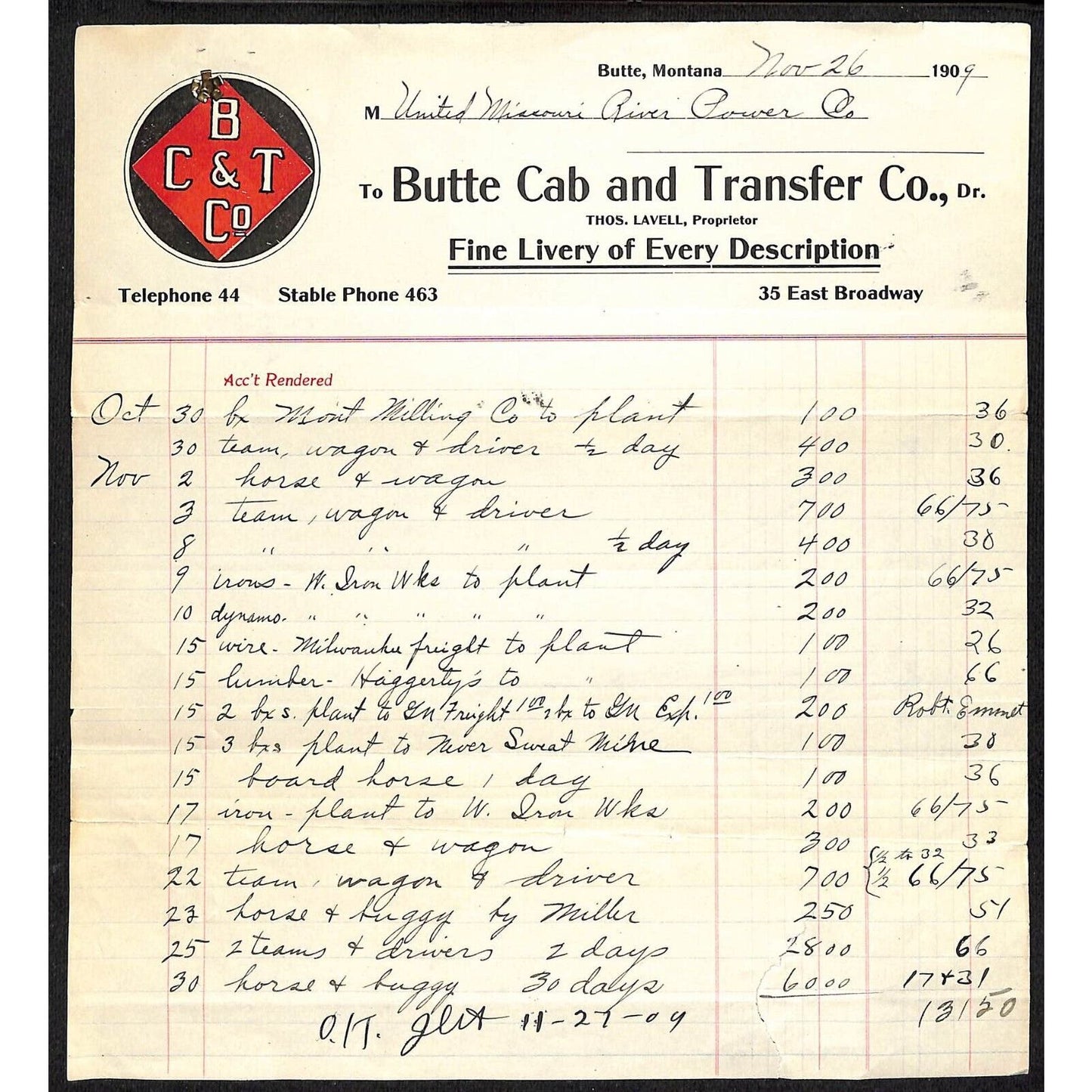 Butte, MT Butte Cab and Transfer Co. Livery 1909 Billhead Scarce