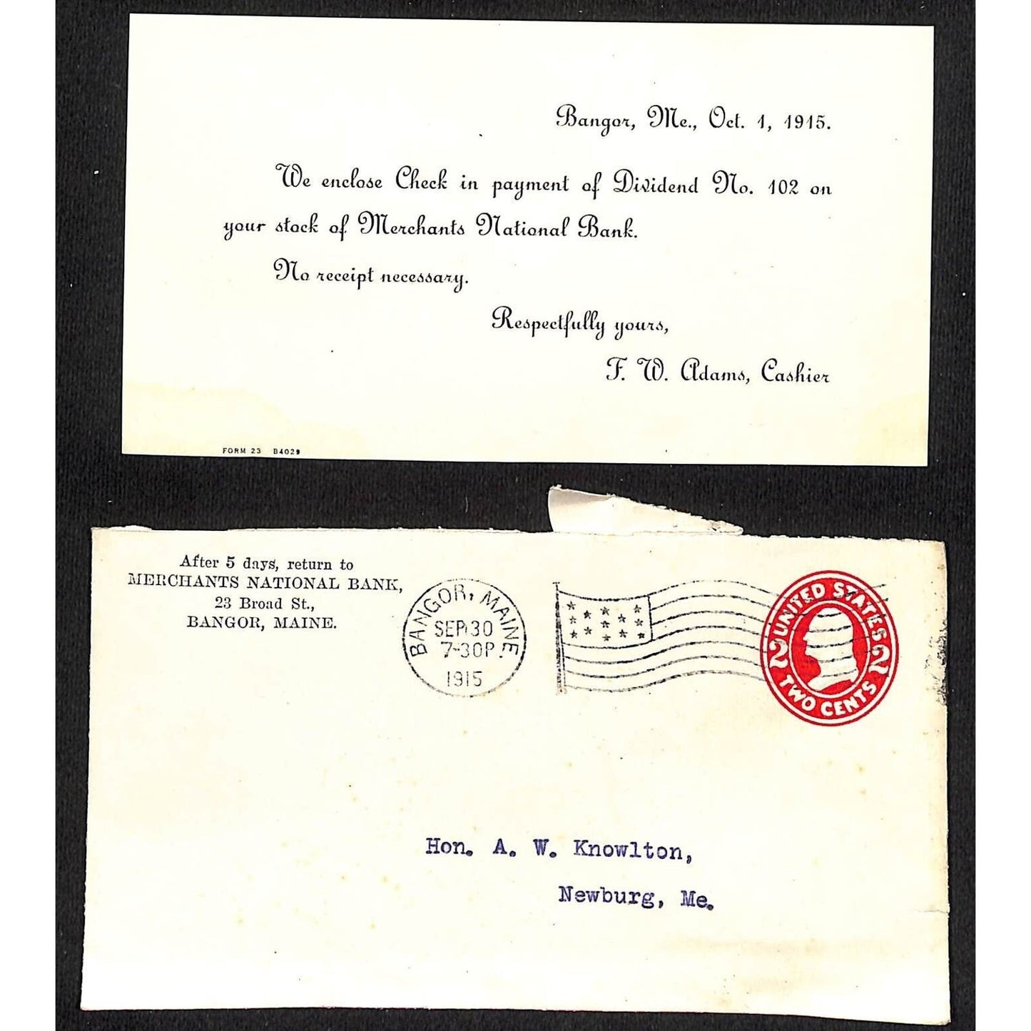 Bangor, ME Merchants National Bank 1915 Dividend Notice Card & Cover Knowlton*