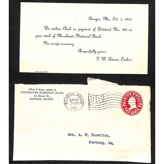 Bangor, ME Merchants National Bank 1915 Dividend Notice Card & Cover Knowlton*