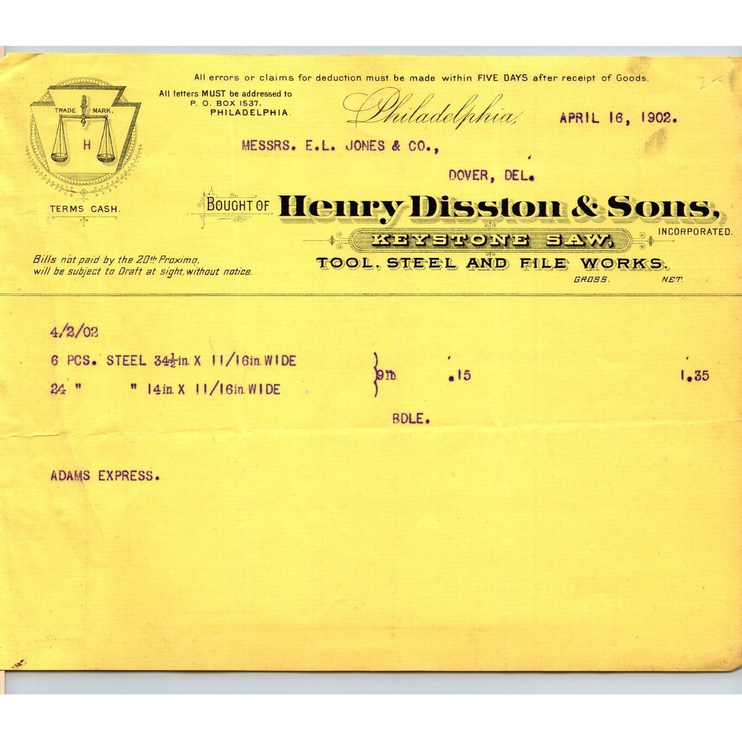 Henry Disston & Sons Tool Steel and File Works Philadelphia 1902 Letterhead