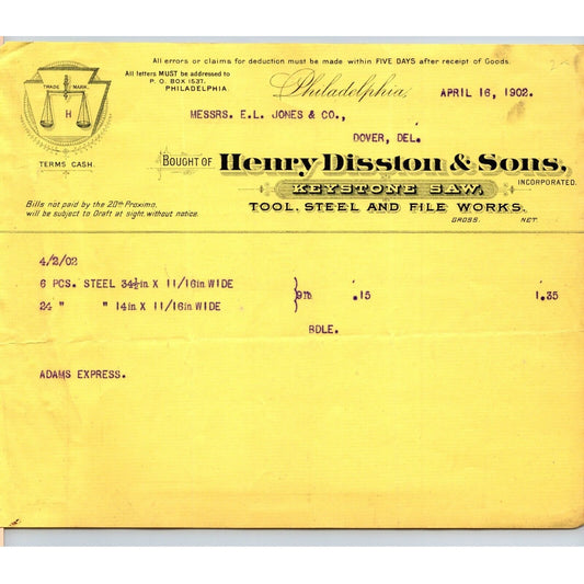Henry Disston & Sons Tool Steel and File Works Philadelphia 1902 Letterhead