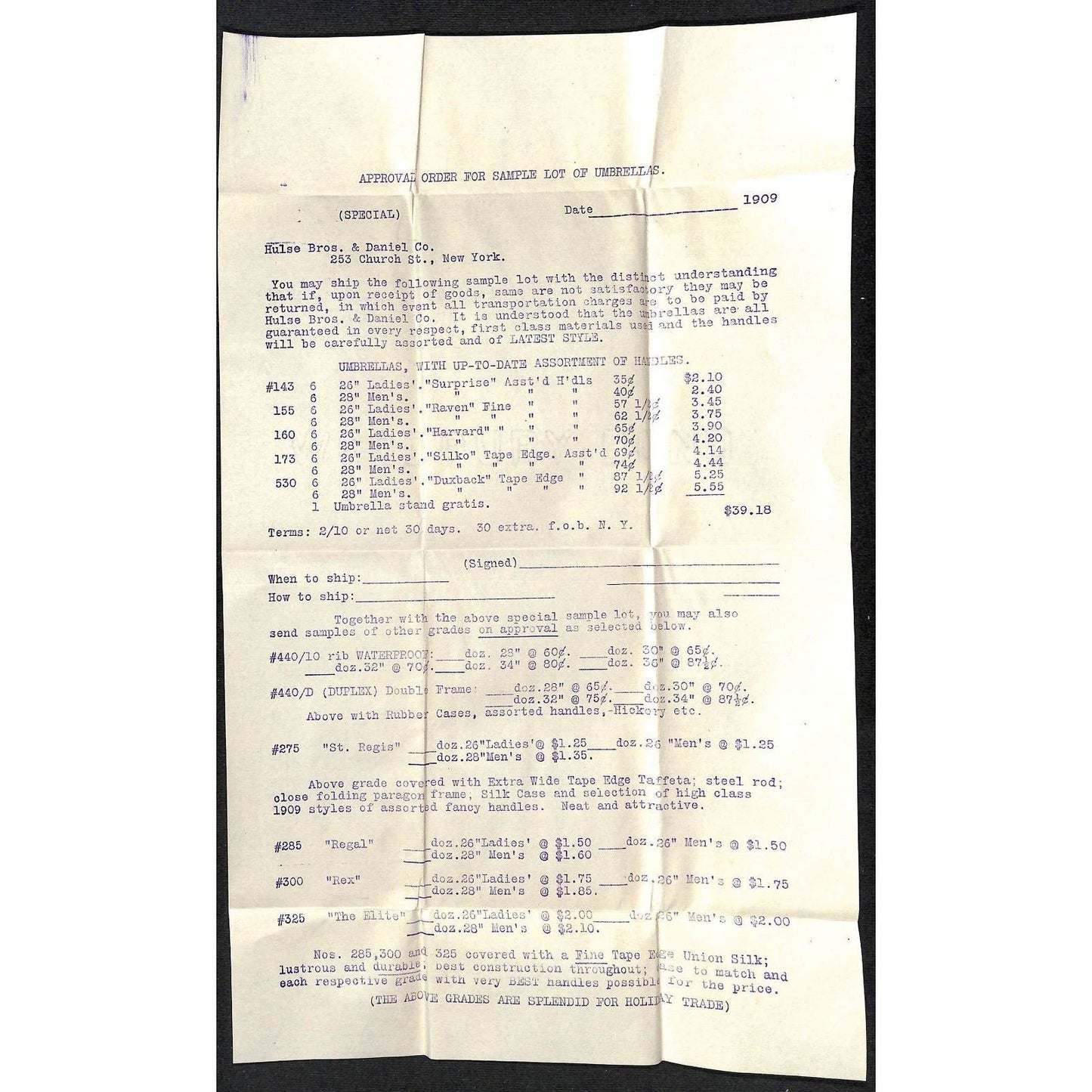 Hulse Bros. & Daniel Co Umbrellas Parasols NYC 1909 Letterhead & Cover Knowlton*