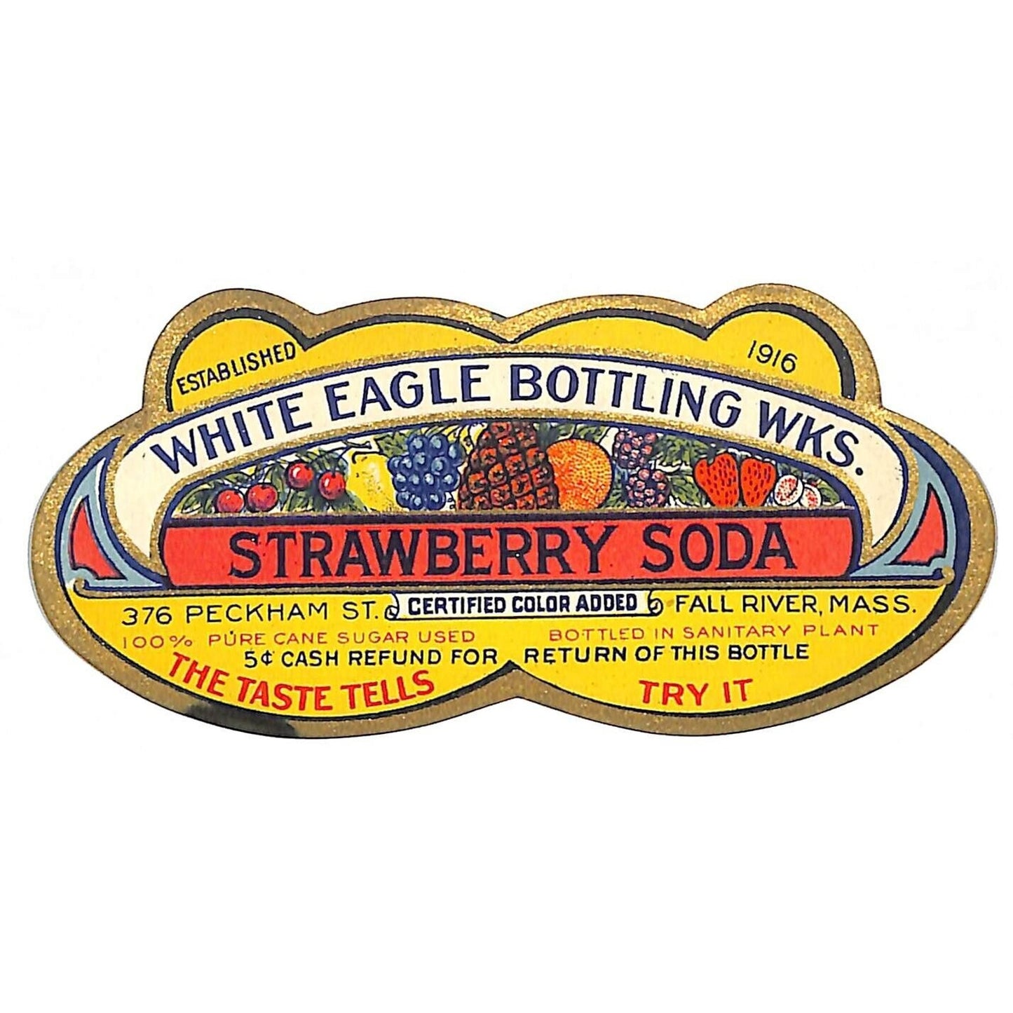 White Eagle Bottling Strawberry Soda Fall River MA Bottle Label c1925-30s Scarce