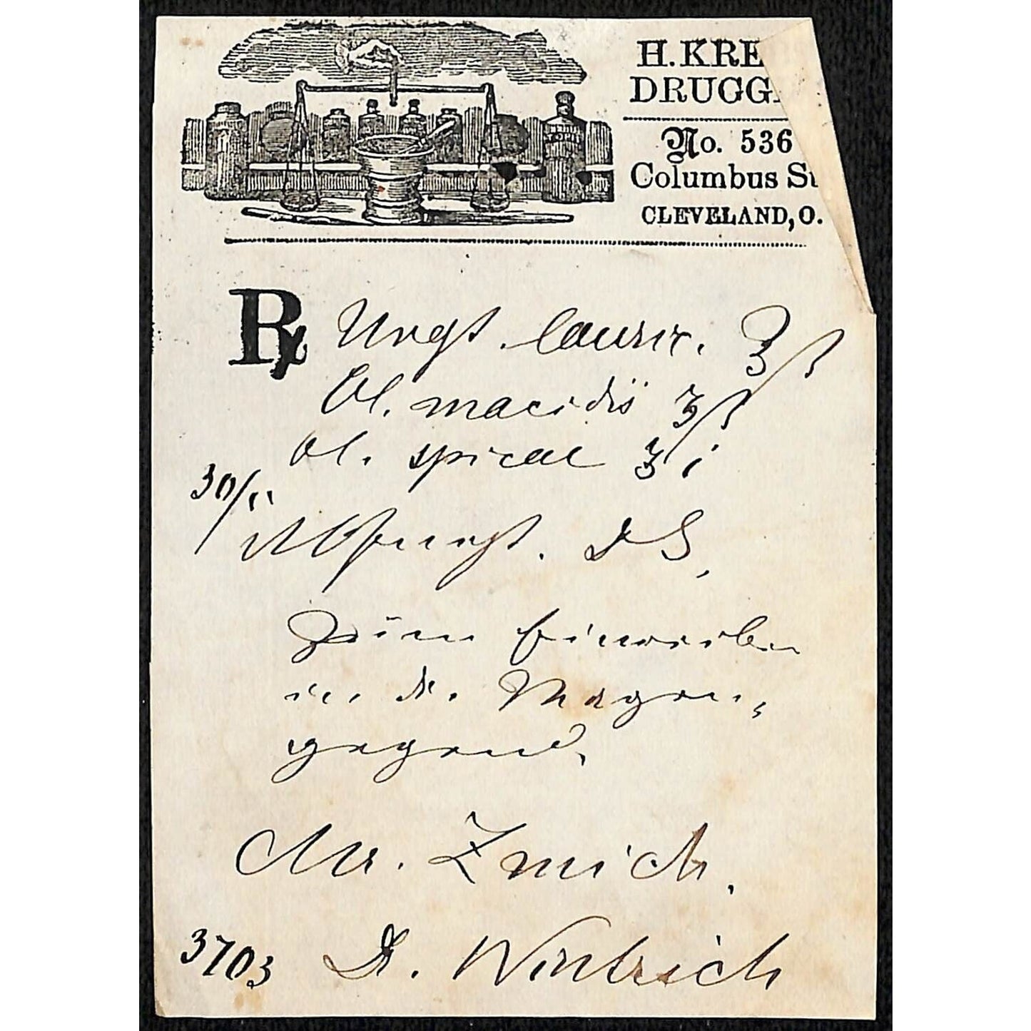H. Krebs, Druggist Columbus St. Cleveland c1870's* Prescription #3703