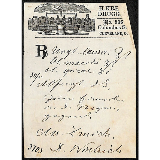 H. Krebs, Druggist Columbus St. Cleveland c1870's* Prescription #3703