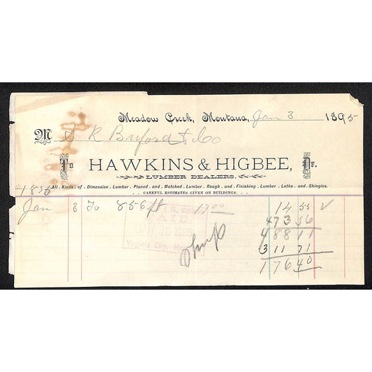Meadow Creek, MT Hawkins & Higbee Lumber Dealers 1895 Billhead Buford*