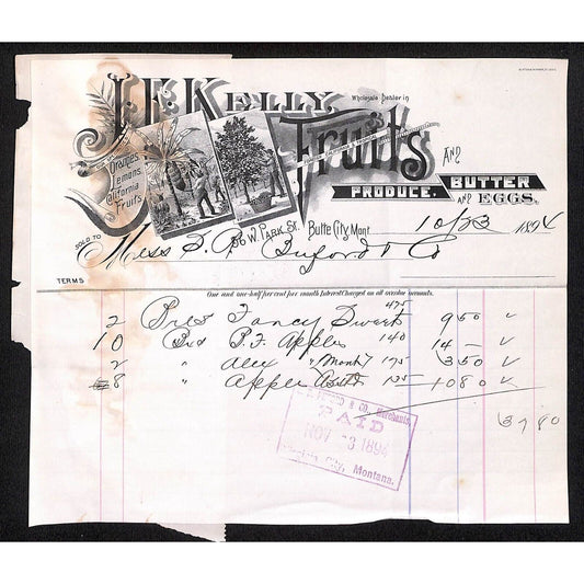 Butte City, MT J.F. Kelly Fruits Produce Butter 1894 Billhead to Buford*