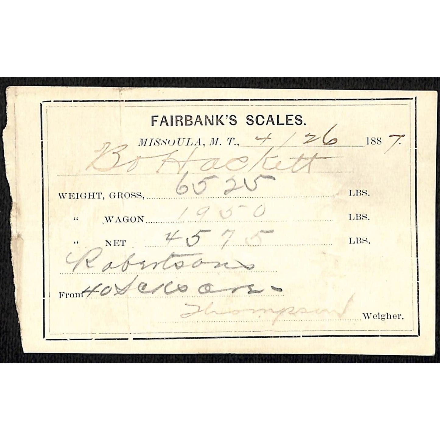 1887 Missoula Montana Territory Fairbank's Scales Mining Ore Weight Receipt (#11
