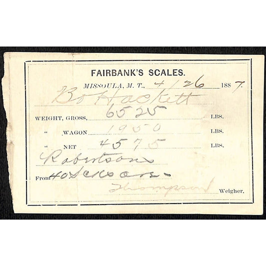 1887 Missoula Montana Territory Fairbank's Scales Mining Ore Weight Receipt (#11