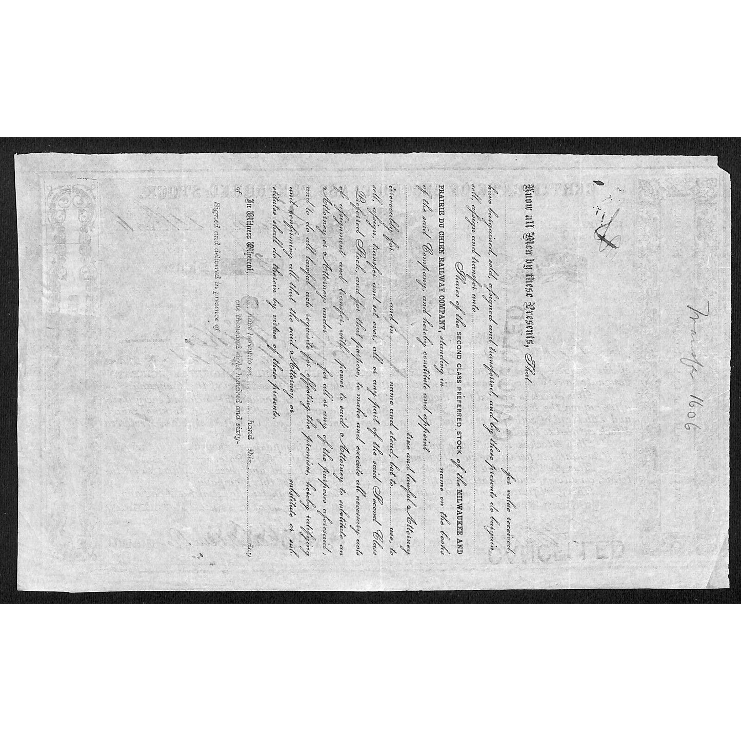 Milwaukee and Prairie Du Chien Railway 186x ? Stock Certificate 2nd Class #1652
