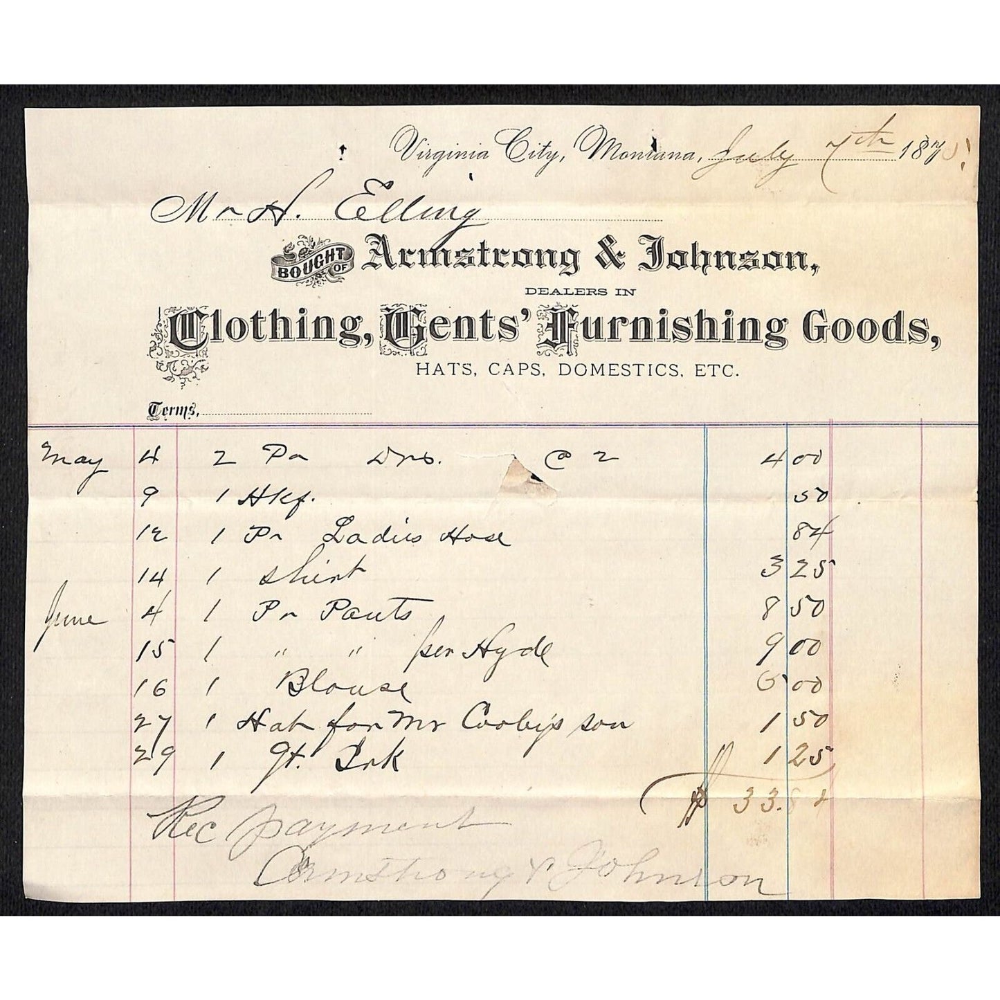 Virginia City, MT Armstrong & Johnson Clothing 1870 Billhead Henry Elling*