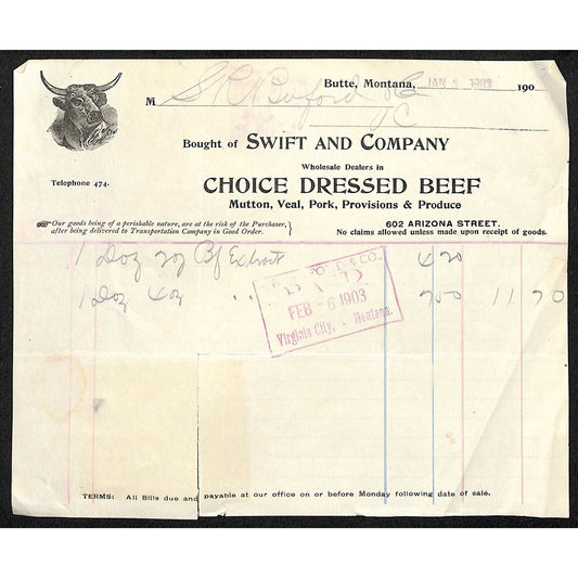 Butte, MT Swift & Company Choice Dressed Beef 1913 Billhead S.R. Buford*