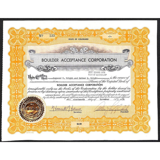 Boulder Acceptance Corp. Colorado 1956 Stock Certificate to Raymond W. Wright
