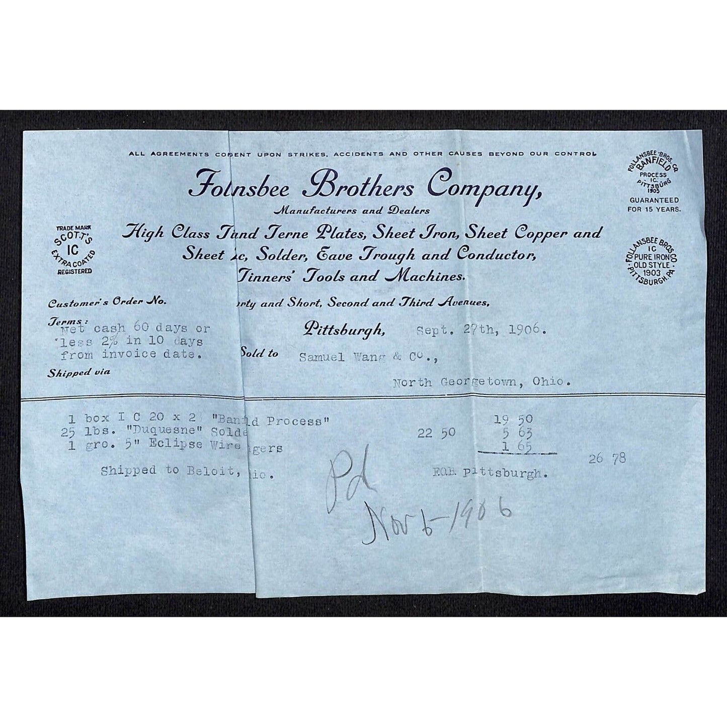 Follandsbee Brothers Co. Tin Terne 1906 Billhead Samuel Wang* N. Georgetown OH