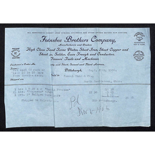 Follandsbee Brothers Co. Tin Terne 1906 Billhead Samuel Wang* N. Georgetown OH