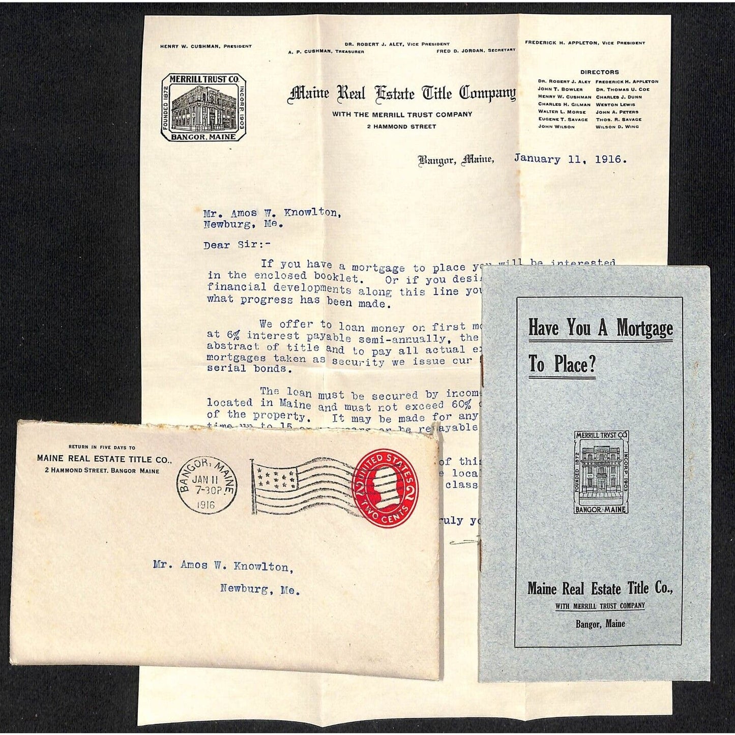 Bangor, ME Maine Real Estate Title Co 1916 Letterhead, Cover & Booklet Knowlton*