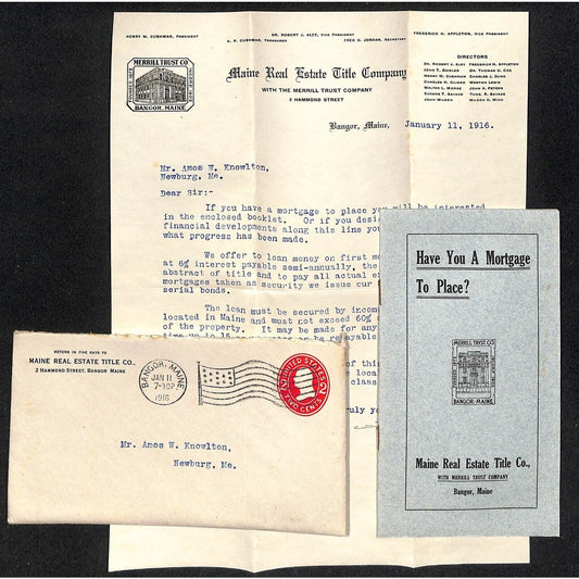 Bangor, ME Maine Real Estate Title Co 1916 Letterhead, Cover & Booklet Knowlton*