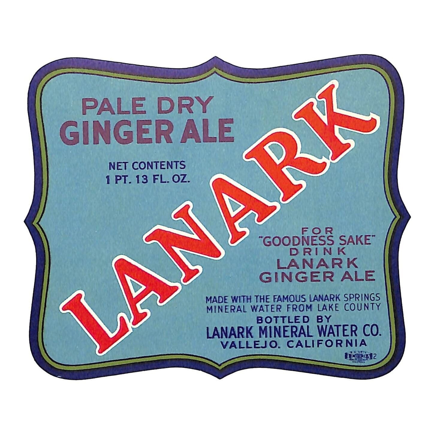 Lanark Ginger Ale Soda Label Lanark Mineral Water Co. Vallejo, CA c1936 VGC