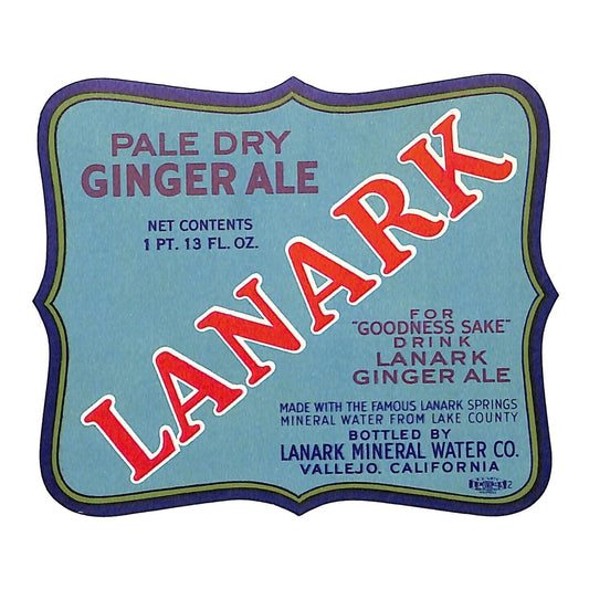 Lanark Ginger Ale Soda Label Lanark Mineral Water Co. Vallejo, CA c1936 VGC