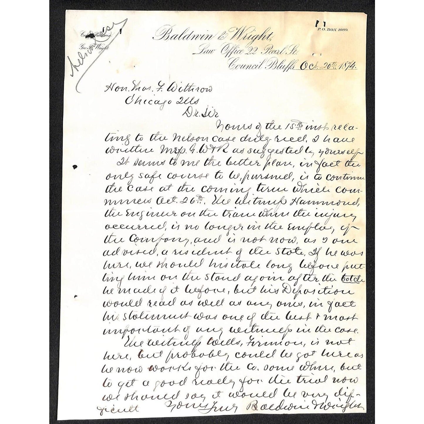 Baldwin & Wright Council Bluffs 1874 Letterhead re: Legal Case